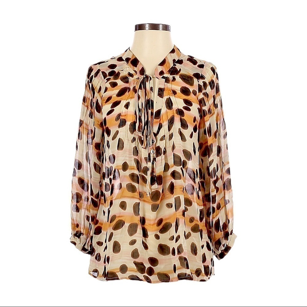 🌺 Patterson J. Kincaid Boho Tan Animal Print Tie Neck Lightweight Blouse Size S